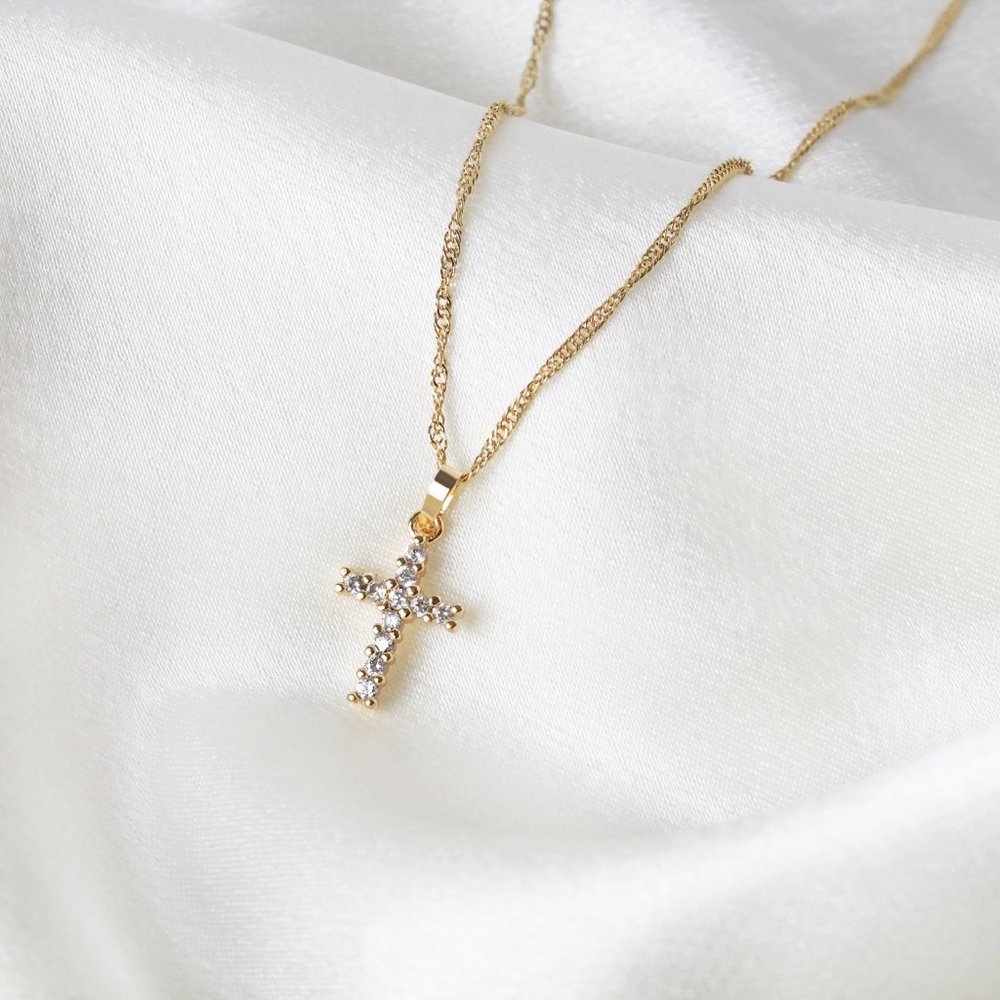 18K Gold Plated CZ Mini Cross Necklace